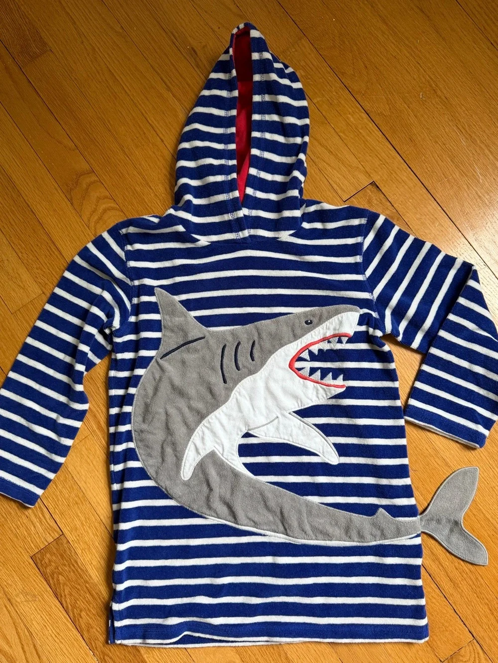 Mini Boden Blue & White Striped Shark Hooded Coverup with Red Lining